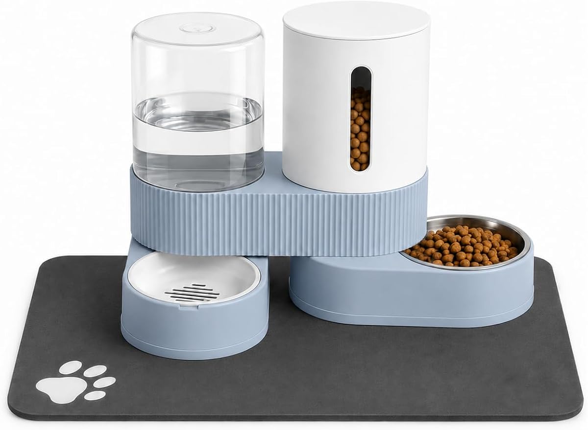 Comedero para gatos Gravity, paquete de 2, alimentador automático de alimentos, juego de dispensador de agua de acero inoxidable, cuencos giratorios de 360 grados para mascotas con alfombrilla de silicona para gatos, perros pequeños y medianos, gran capacidad (azul)