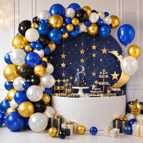 Image of Navy Blue and Gold Balloons, 60 Pcs 12 Inch Blue Gold Black White Latex Balloons for Graduation Birthday Baby Shower Party Decorations