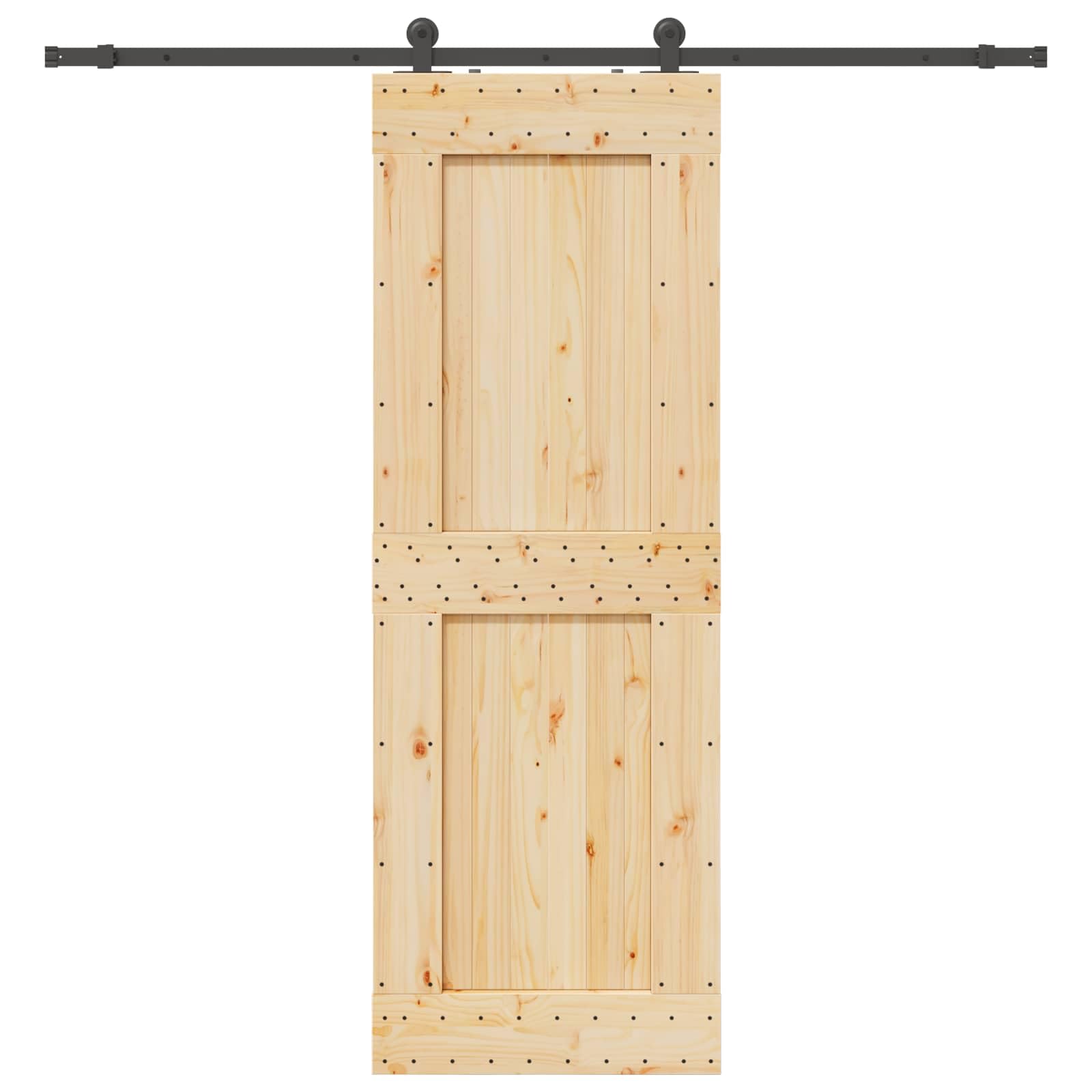 Puerta corredera Narvik natural y negra 80 x 210 cm | Madera de pino maciza, guía de acero, mecanismo superior, diseño que ahorra espacio