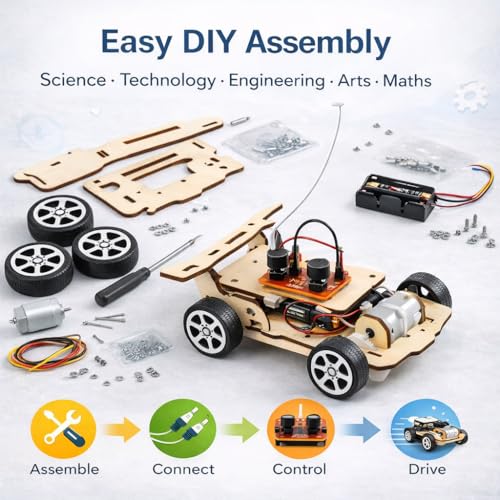 Image of FLERCISADIY Wireless Remote Control Car STEM Science Kit for Kids | Educational Toy for Learning Electronics, Engineering&Robotics|Wooden Assembly RC Car Project|Age 8+(Wireless Remote Control Car)