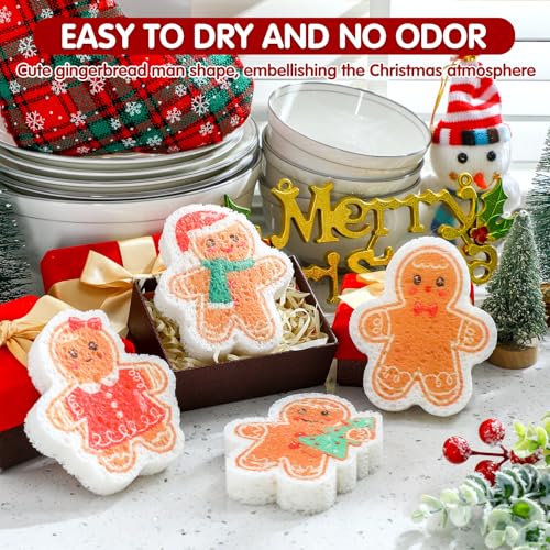 Image of Layhit 12 Pcs Christmas Dish Sponges Cute Kitchen Non Scratch Scrub Sink Sponges Wood Pulp Reusable Household Cleaning Cloth for Kitchen Dishes Furniture(Gingerbread Man)