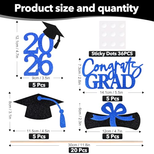 Image of 20 PCS 2026 Graduation Party Decorations Set, Class of 2026 Double Sided Graduation Centerpiece Stick Glitter for Tables,Table Toppers,Party Accessories,Black /Blue