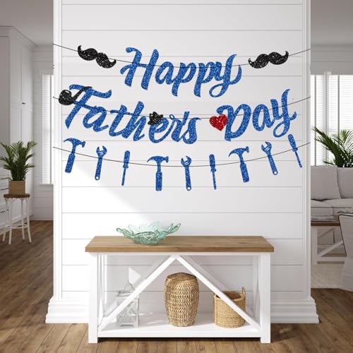 Image of Pre-Strung Happy Fathers Day Banner Party Decorations, NO DIY Glitter Fathers Day Banner with Household Tools Garland for Step Dad Grandpa Papa Home Indoor Mantel Wall Room Photo Props Backdrop Decor