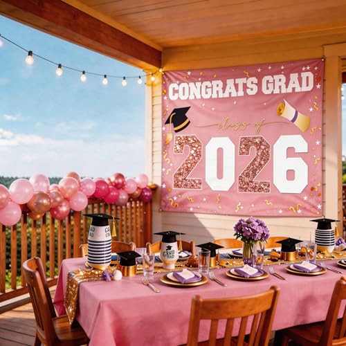 Class of 2026 Graduation Banner 47x67" - Large CONGRATS GRAD Polyester Banner, Photo Backdrop & Wall Decor for Commencement Party Supplies, Pink Rose Graduation Party Decorations for High School & College by ATFUNSHOP - Used condition - Image 5