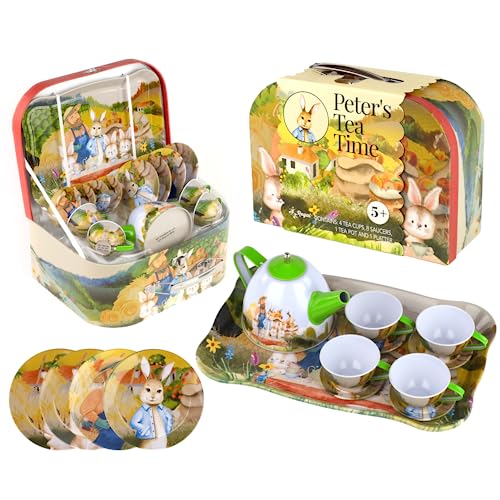 Regal Games Peters Tea Party Set - Peter Rabbit Designed Kids Tea Time Set - Includes 1 Teapot 4 Cups 4 Saucers 1 Platter & Storage Case - Ideal Birthday & Easter Gift for Ages 5+