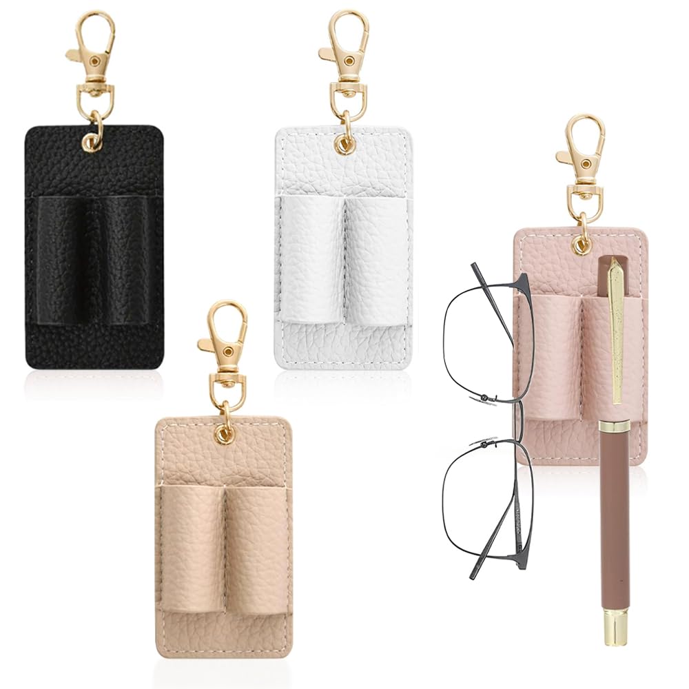 Yifenchen Multicoulour 4Pcs Lanyard Pen Holder With Keychain Portable Pu Leather Neck Pen Holder Anti-Lost Double Hole Leather Pencil Holder For Offices Schools Daily Use