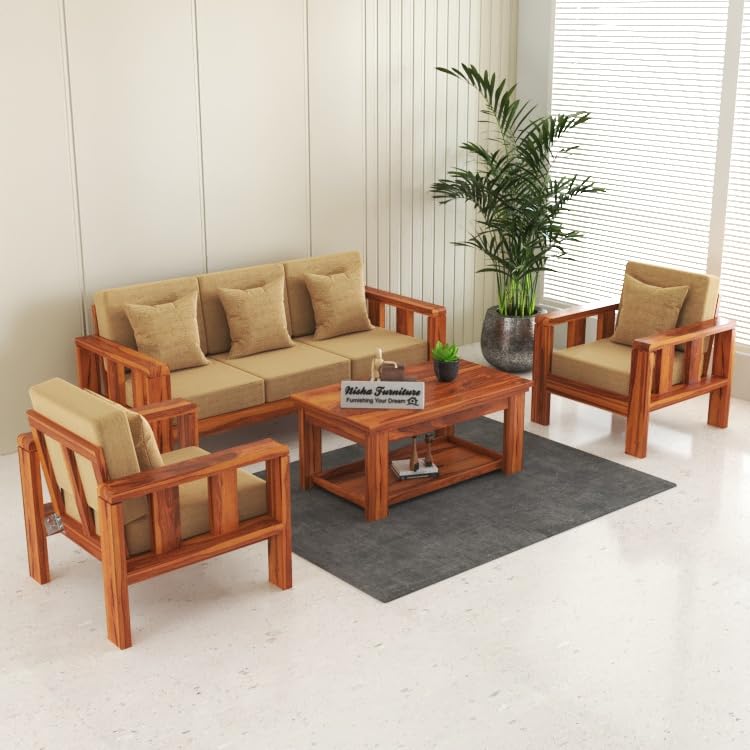 Image of Solid Wooden 5 Seater Sofa Set with Beige Cushion | Sheesham Wood Sofa Set 3+1+1 Sofa for Living Room in Natural Teak Finish