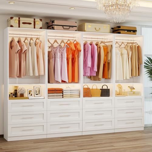 Closet System with 4 Sets, 8FT-21FT Customizable Closet Organizer System with 12 Drawers &4 Shelves & 8 Hanging Rods, Modular L-Shaped Walk-in Closet or Freestanding Closet Storage System Tower, White
