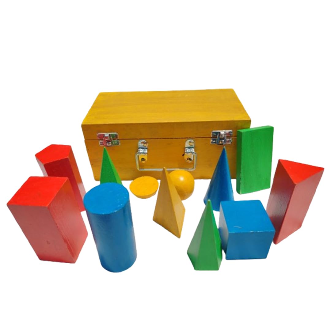 Harfi Works Wooden Geometric Shapes Set for Students & Teachers | 12-Piece 3D Geometry Model Kit in Box | Educational Math & Physics Teaching Aids | Yellow Polished | Made in India (Multicolor, small)