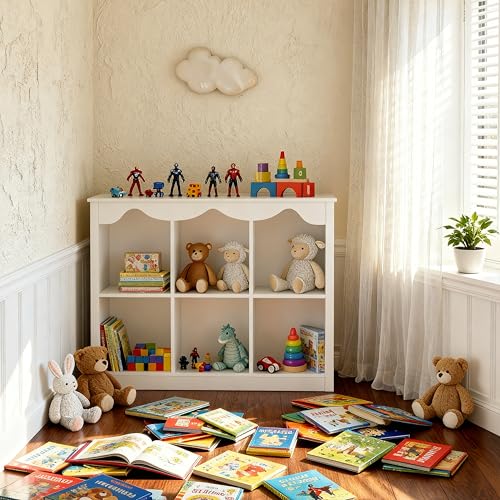 Image of Wood Cube Storage Organizer Toy Storage,Milkywhite | Dutch Design Scalloped Montessori Toddler Book Shelf 3Tier Wooden Furniture