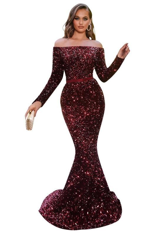 Off Shoulder Sequin Prom Dresses for Women 2025 Long Sleeves Mermaid Formal Evening Dresses Bodycon Long Ball Gowns DDR9744