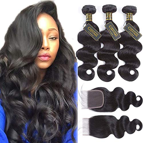 QTHAIR 10A Brazilian Body Wave with Closure(16" 18" 20" with 14") 100% Unprocessed