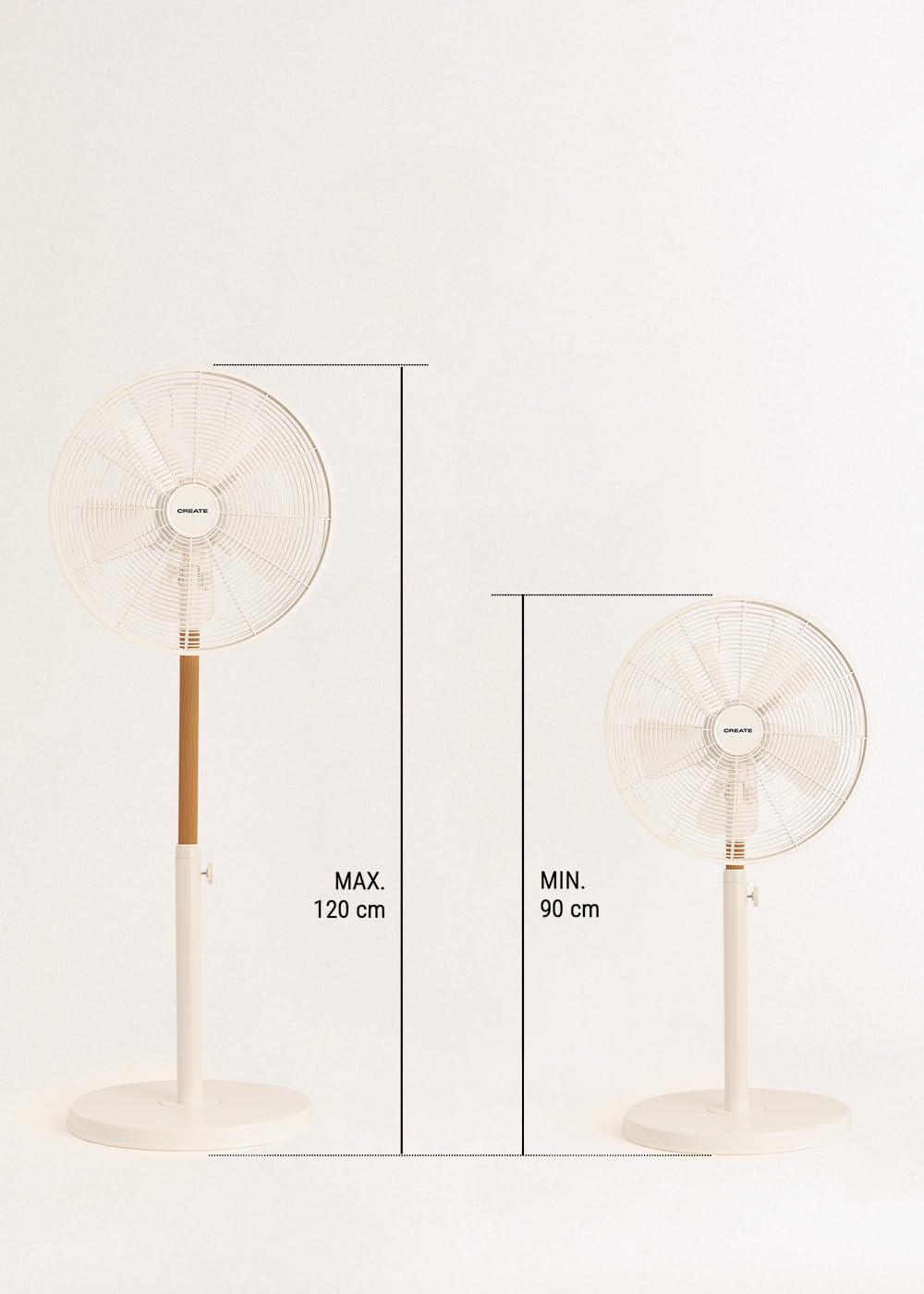 CREATE / AIR STAND WOOD/Ventilador de pie oscilante blanco roto / 50W, altura regulable y ajustable, 3 velocidades, sistema de seguridad, Ø40, mortor de cobre