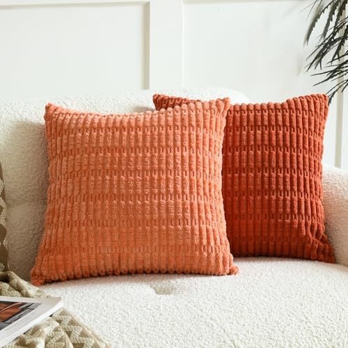Panleding Pack of 2 Decorative Throw Pillow Covers, Corduroy Pillow Cases, Simple Modern Home Decor for Sofa Living Room Couch Bed, 18x18 Inch, Coral & Rust