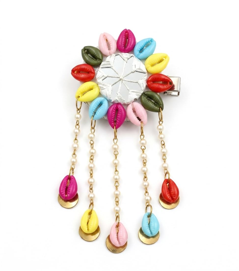 Handmade Traditional Hair Brooch for Women | Ethnic Decorative Hair Accessory with Cowrie Shells, Beads & Hanging Pearl Chains | Festive Hair Pin for Saree, Lehenga-image-2