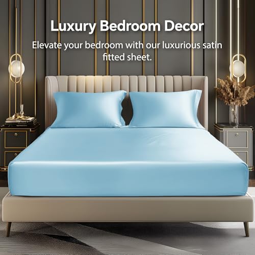 BEDELITE Satin Fitted Sheet and Pillowcase Set, Luxury Soft Similar to Silk Bottom Bedsheet with Elastic Corner Straps, Deep Pocket up to 15 Inch, 1 Fitted Sheet and 1 Pillowcase(Twin, Light Blue)