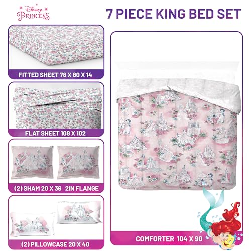 Image of Disney Princess King Comforter Set 7 Piece Floral Bedding for Girls, Pink | Cinderella Rapunzel Belle, Comforter Sheets Shams Pillowcases, Official Product, Microfiber, Machine Washable, Girls Gift