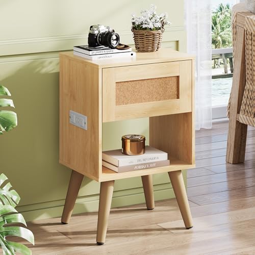 Image of WLIVE Rattan Nightstand with Charging Station, Boho Night Stand, Small Bedroom Side Table, End Table with Drawer and Storage, Wood Bedside Tables for Bedroom, Small Spaces, Natural Oak