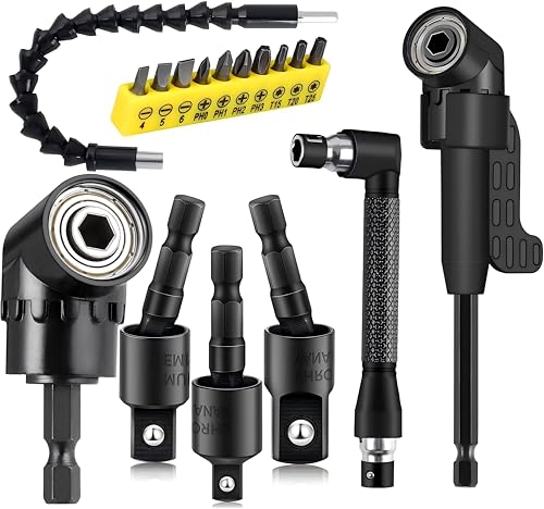 Image of 17Piece Flexible Drill Bit Extension, Include 3Pcs Rotatable Socket Adapter 2Pcs Hex Shank 105 Right Angle Drill Attachment 10 Short Screwdriver bits 90 Angled Bits and Bendable Drill Bit Extension