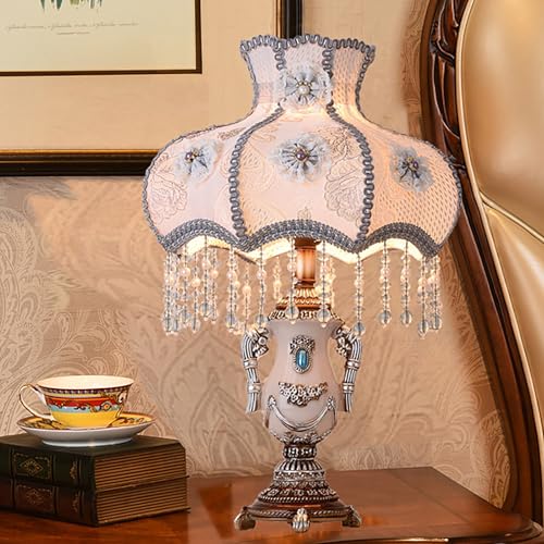 Victorian Style Table Lamp, Antique Fabric Decorative Desk Lamp with Fringe, Floral Bedside Light, European Nightstand Lamp for Bedroom and Living Room