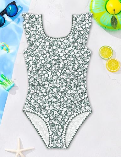 Image of Girls Swimsuit Ruffled Square Neck Color Contrast Trim One Piece Bathing Suit Geometric Girls' Swimwear 9-16Y