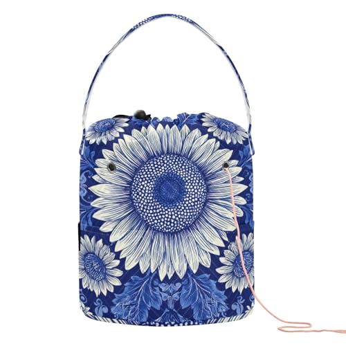 Image of Tatenale Crochet Bag Yarn Bag Knitting Project Bag with Pockets and Handle Portable Yarn Storage Organizer Tangle Free 8.3x11 InchBlue and White Sunflowers Leaves10