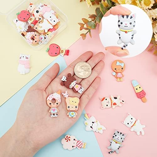 SUNNYCLUE 1 Box 24Pcs 12 Styles Animal Cabochons Colorful Resin Bowknot Lollipop Star Ice Cream Cat Rainbow Slime Charms Flatback for DIY Scrapbooking Embellishments Crafts Jewelry Making Supplies