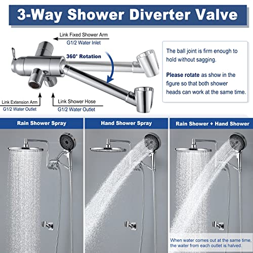 Ydmeet Dual Shower Head Combo, 10" Rain Shower Head, Adjustable 12" Shower Extension Arm, 3 Way Diverter With Extender Mount, Handheld Showerhead With 71" Hose, Polished Chrome #TOP3