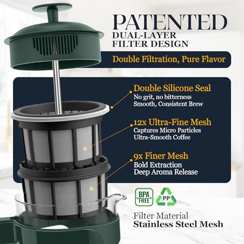 Image of ESPRO Light P3 French Press Coffee Maker - Patented Double Micro-Filter for Grit-Free Brew, Heat Resistant thicker Borosilicate Glass Coffee press - (Green - 32 oz)