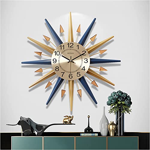 Hwanh Large Metal Clocks 22 Inch Sunburst Big Blue Gold Decorative Clock Modern Silent Art Wall Clock For Living Room Bedroom Decor #TOP4