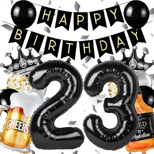 Happy 23rd Birthday Decorations Includes the Number 23 Balloons Banner Silver Black and Gold Confetti Balloons Whiskey Beer Crown Foil Balloon for 23rd Birthday Party Supplies
