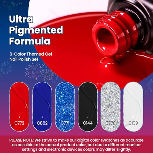 Image of Beetles 4th of July Gel Nail Polish Set - 6 Colors Red White Navy Blue Gel Polish Sliver Glitter Gel Polish Soak Off Uv Nail Lamp for the 4th of July Nails Manicure DIY Nail Art Design Gift for Women