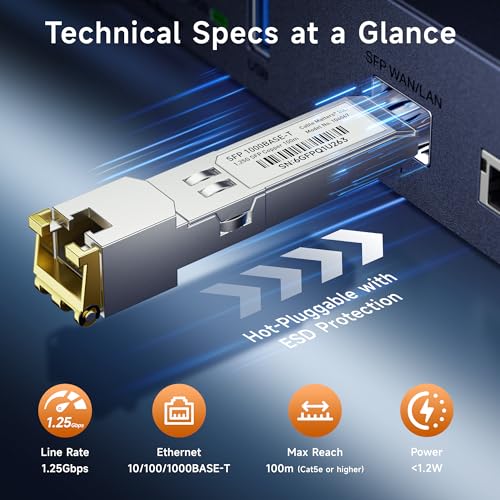 Image of Cable Matters 1000BASE-T Gigabit SFP to RJ45 Copper Ethernet Transceiver Module for Cisco, Ubiquiti, TP-Link, Netgear, MikroTik, and Supermicro Equipment