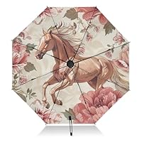 ALAZA Horse Flower Floral Print Folding Umbrella Inverted Umbrella Automatic Open Close Compact Umbrella Portable Large for Rain Sun UV Protection Windproof
