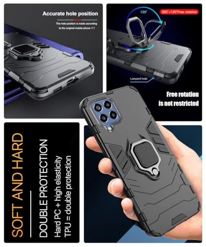 Image of WOW IMAGINE Shock Proof Back Case Mobile Cover for Samsung Galaxy M33 5G | Back Cover Case (Tough Armor | Hybrid PC + TPU | Ring Holder & in-Built Kickstand | Black)