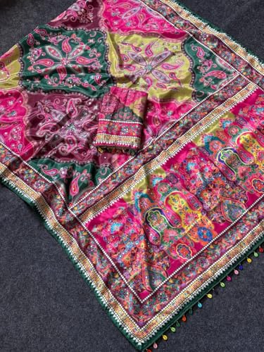 Image of Ajrakh Sarees for Women Roman Silk Ajrakh Print Saree for Woman with Mirror Work Border & Designer Pallu with Blouse Piece Multicolor Ethnic Wear (Rani)