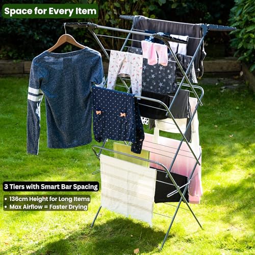 Heavy Duty 3-Tier Clothes Maiden Drying Rack - Foldable Radiator Airer & Laundry Rack Bundle | Indoor Outdoor Washing Horse – Sturdy 0.4mm Steel Tubes, Holds 10kg, 20M Drying Space - Image 4