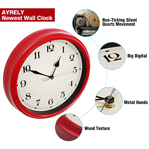 Image of AYRELY Decorative Vintage Wall Clock - 11Inch Silent Non-Ticking Clocks Battery Operated - Classic Decor for Living Room, Farmhouse, Kitchen, Bedroom, Bathroom (Red)