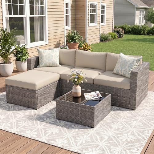Image of Wisteria Lane 5 Piece Outdoor Patio Furniture Set, All Weather Wicker Rattan Sectional Sofa Conversation Set with Cushions & Glass Coffee Table, Ideal for Porch Garden Balcony Backyard, Beige