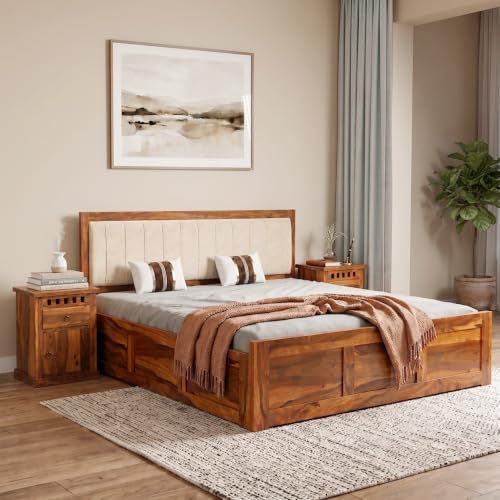 Image of SONA ART & CRAFTS Veronica Solid Sheesham Wood Bed Queen Size with Storage Box | Wooden Bed Queen Size Cot | Upholstered Beds | Double Bed with Storage Box - Natural Finish