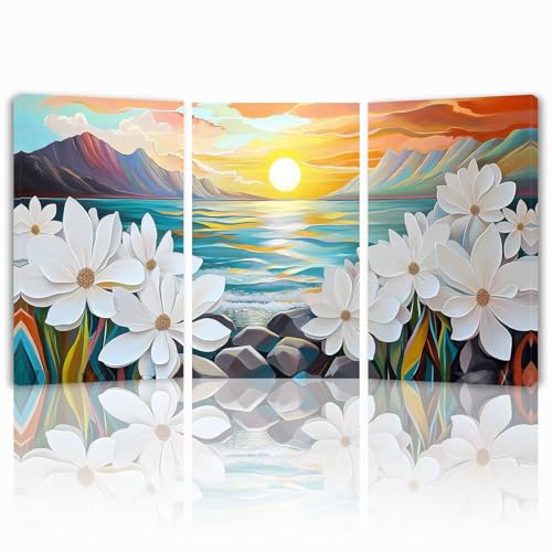 Cuadros Decoracion Salon Modernos, 3 Pcs Marco de Madera Cuadros Flor Posters para Pared Lienzo Pintura Atardecer Wall Art Imagen Decoracion Dormitorios Cocina Baño Pasillo Pared 50x70 cm 1f-672
