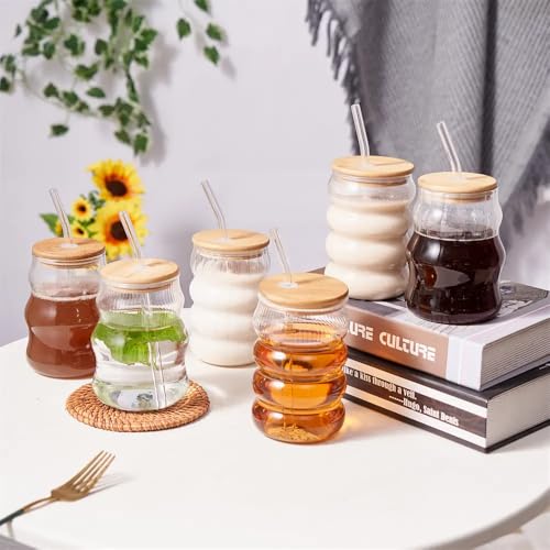 Image of ANKUL Aesthetic Round Wavy Glass Cups with Bamboo Lids & Straws - 2 Pach 510 ml for Cold Drinks, Iced Coffee, Boba (2, Zig Zag with lid)