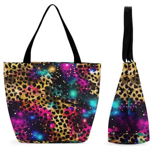 Gold Black Glitter Leopard Print Tote Bag for Women Reusable Shopping Bag Beach Bag for Shopping Gym Travel
