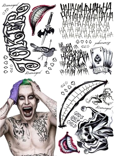 13 Sheets Joker Tattoos Halloween - HAHAHA Damaged JOKER Smile Temporary Tattoos for Kids Fake Tattoo Stickers Joker Costume Masquerade Cosplay Party Accessories Makeup Waterproof