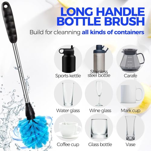 Image of Holikme 5 Pack Bottle Brush Cleaner Set, 14 inch Long Handle Stainless Steel Bottle Cleaner Brush, 3 Straw Brushes, Bottle Cleaning Brush for Water Bottle, Cups, Baby Bottle, Straws Blue