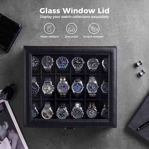 Image of ProCase Watch Box Organizer, 18 Slot Watch Display Case, Allblack | Watches Storage Boxes Holder for Men Women, Large Glass Lid, Removable Pillows, Anniversary Christmas Birthday Gifts