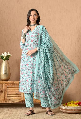 Image of Amazon Brand - Tavasya Women Cotton Anarkali Kurta Pant Dupatta Set | Printed Ethnic Suit Set | Flared Anarkali Kurta with Pant & Dupatta | Festive & Casual Wear