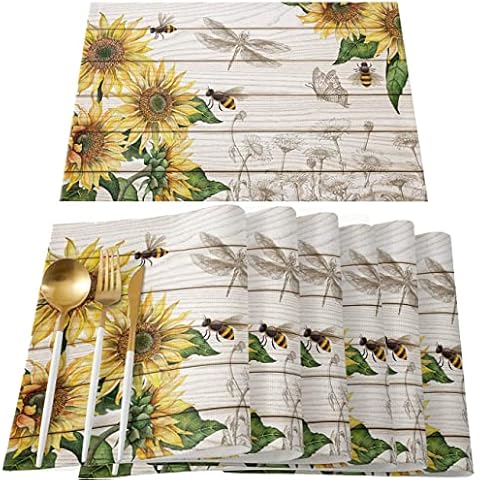 Sunflower Placemats Set of 6 for Dining Table, Sprimg Floral Table Mats Non-Slip Insulation Farmhouse Placemats for Kitchen Dinner Party, Cotton Linen Place Mats Tablemats 12 x 18 Cover