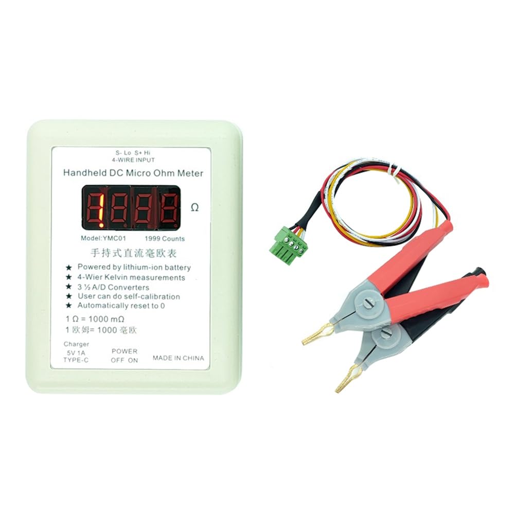 Miliohmímetro de CC de mano, medidor de baja resistencia, cuatro cables, medición Kelvin, recargable, 20R, 1-1999 mΩ, clip grande
