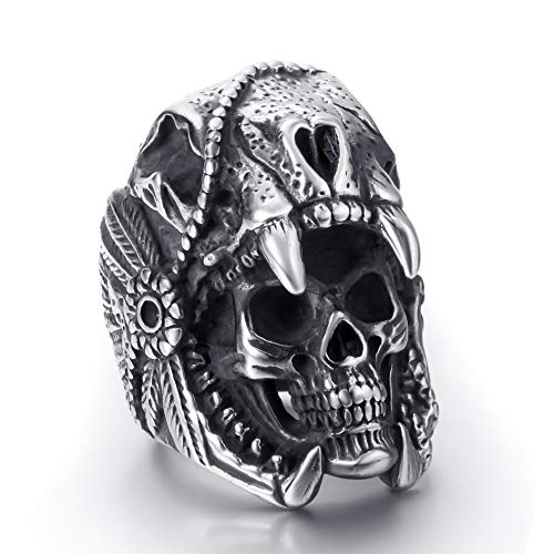 Elfasio Cool Skull Rings for Mens Stainless Steel Vintage Indian Jaguar Warrior Biker Punk Jewelry Gift for Him Size 13